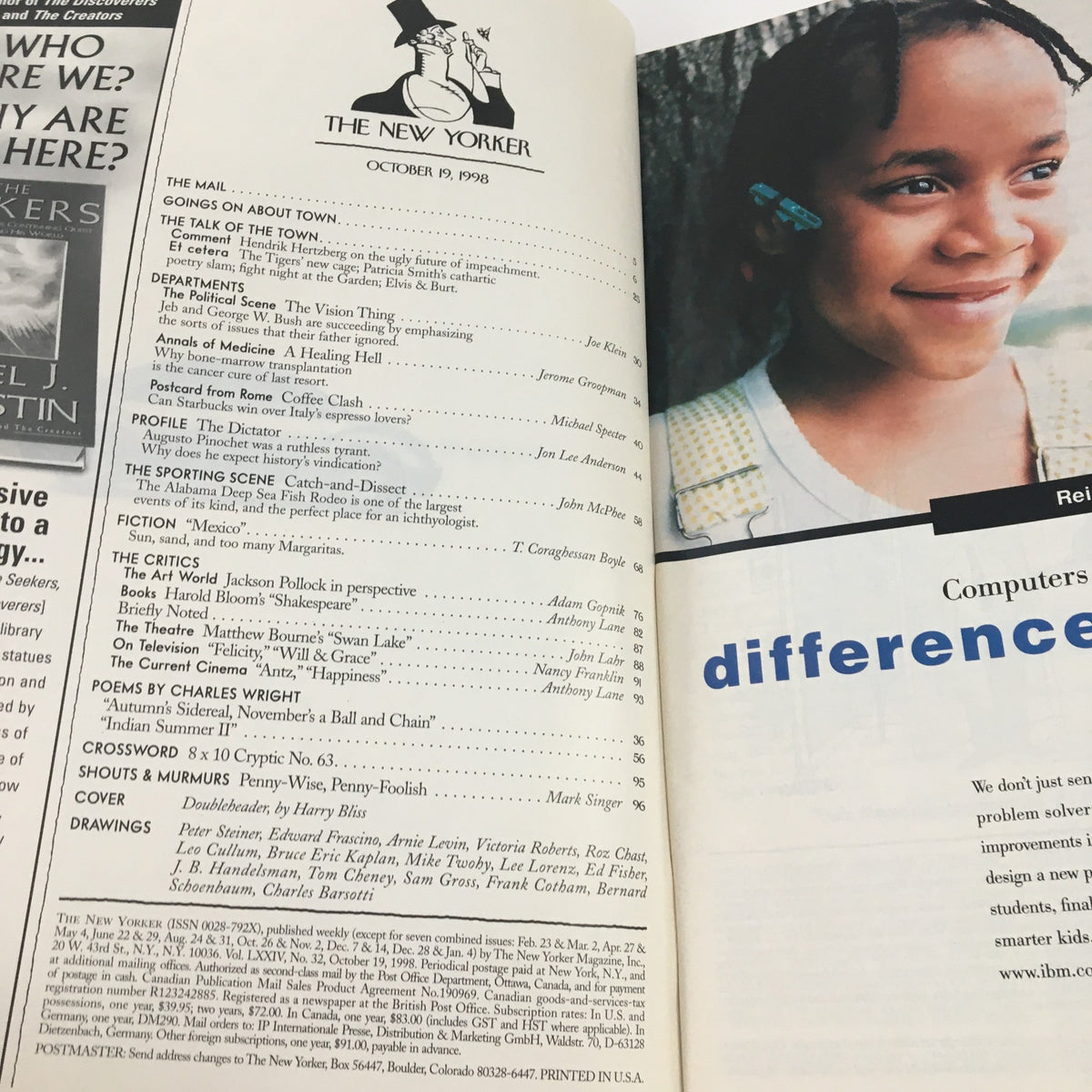 Inside page of The New Yorker October 19 1998, displaying the table of contents with various articles, illustrations, and features, including contributions by Harry Bliss.