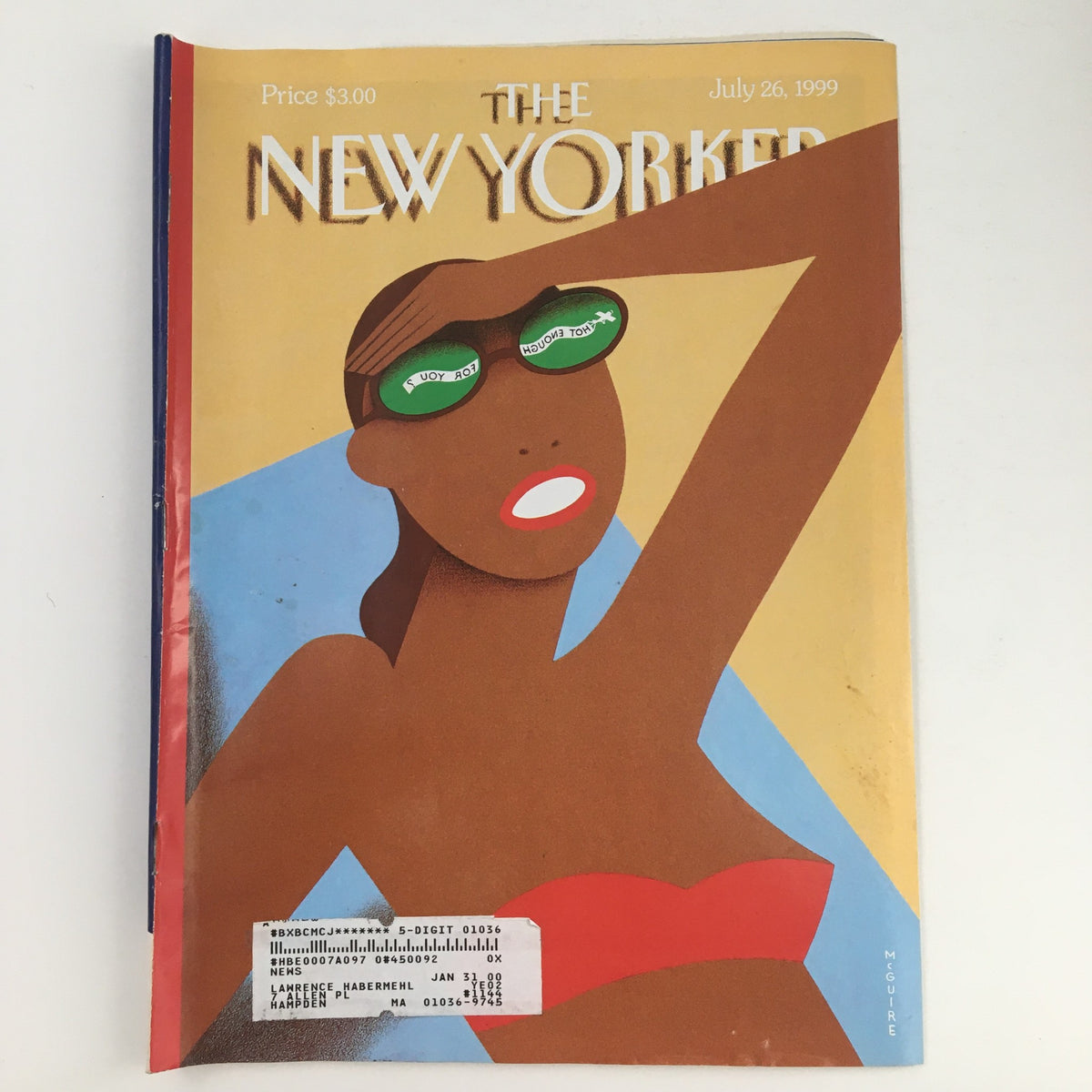 The New Yorker July 26 1999 Full Magazine Cover featuring vibrant artwork by Richard McGuire, depicting a woman in sunglasses with a beach background.