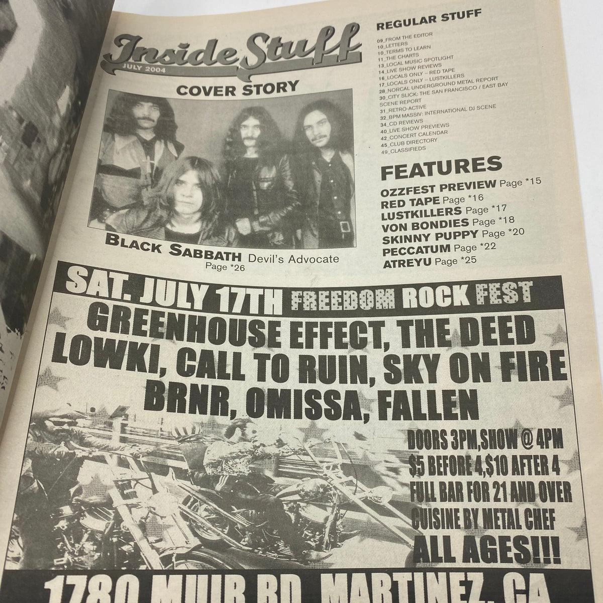 Inside page of Zero Magazine July 2004 showcasing an article on Black Sabbath, including features and upcoming rock events.