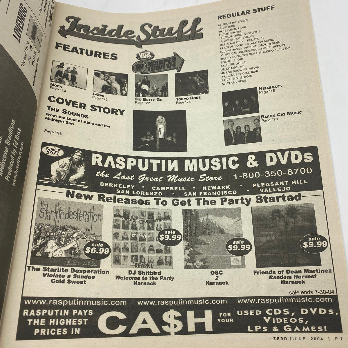 Inside page of Zero Magazine from June 2004, highlighting features, interviews, and cover story about The Sounds and other music events.