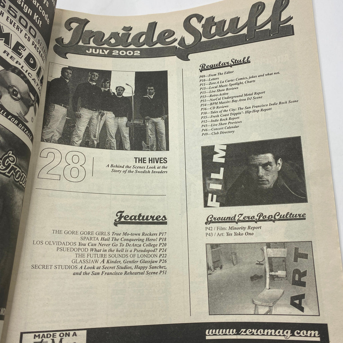 Inside page of Zero Magazine July 2002, showcasing content related to The Hives and other features with a focus on film and pop culture.