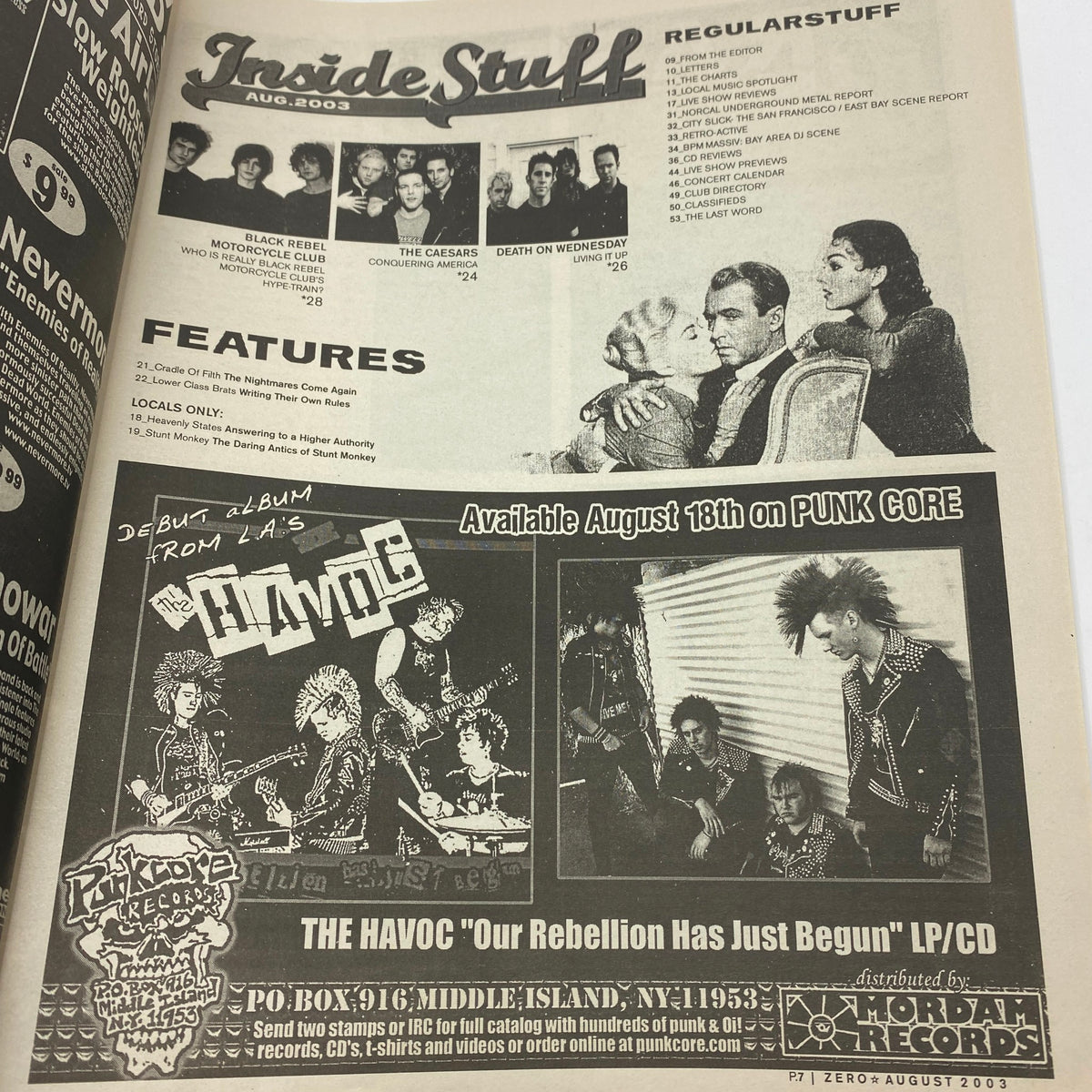 Inside page of Zero Magazine August 10 2003 detailing features and interviews, including Black Rebel Motorcycle Club and other notable bands.