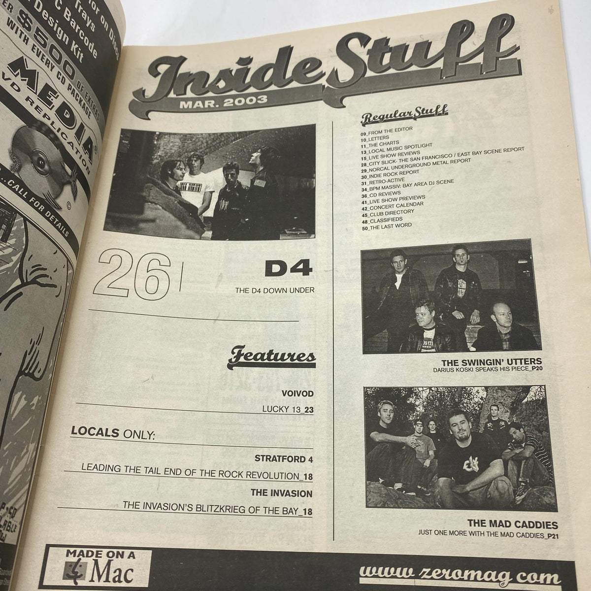 Inside page of Zero Magazine March 10 2003 showcasing the D4 and features on other bands like Voodoo and The Mad Caddies.