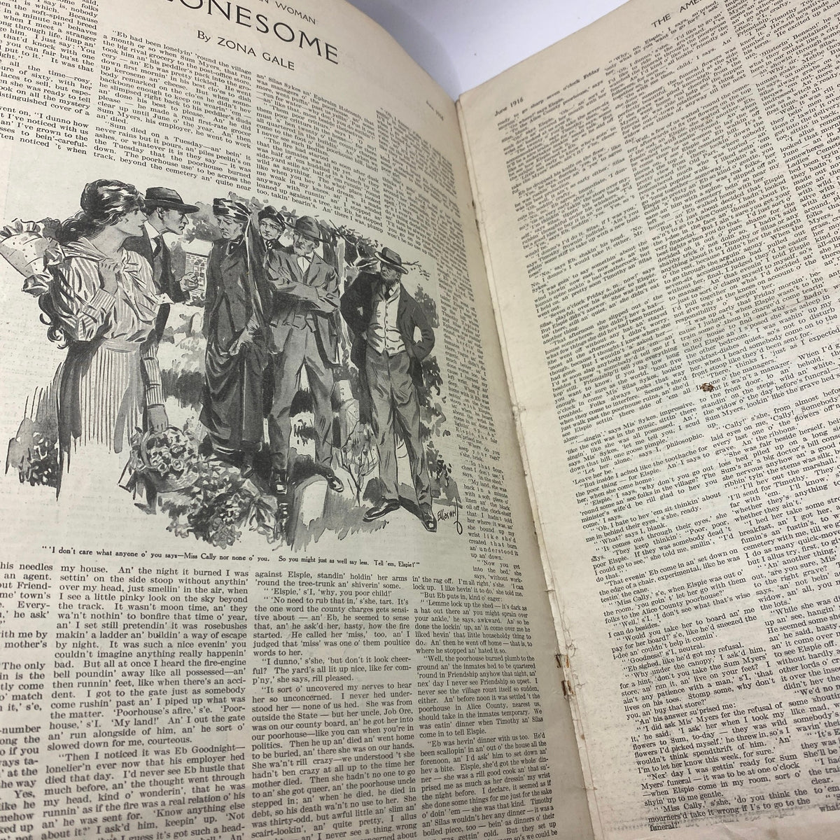 Interior spread of VTG The American Woman Magazine June 1916, featuring an article and illustrated characters.