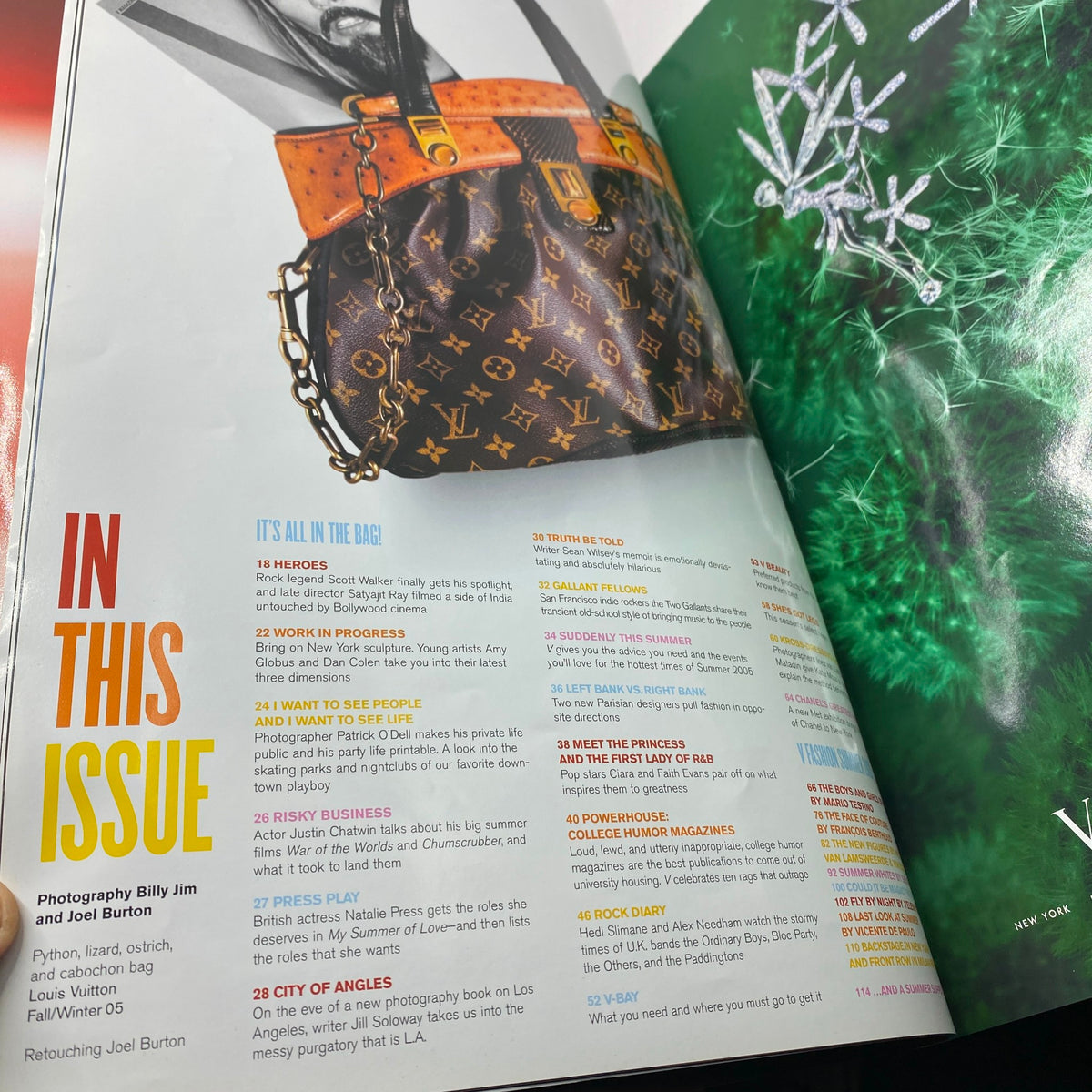 V Magazine Summer 2005 No. 35 - Table of contents page featuring notable articles and features, including a Louis Vuitton bag and styled photography by Billy Jim and Joel Burton.