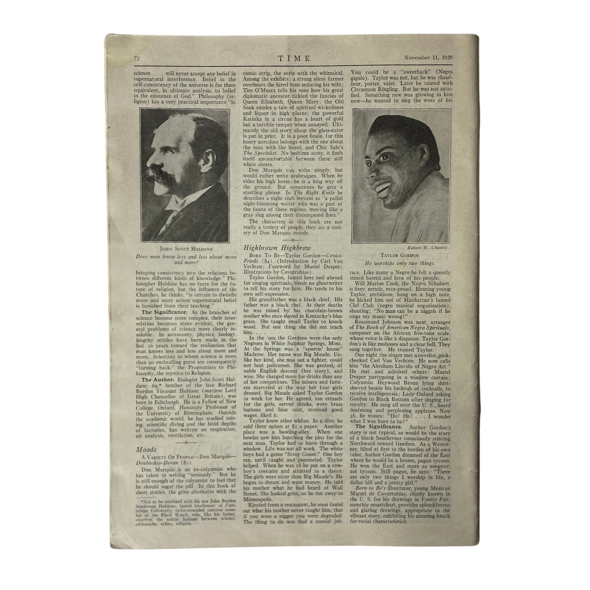 Interior page of Time Magazine dated November 11, 1929. This page features articles and illustrations related to contemporary issues, showcasing the magazine's coverage of notable figures and events from that time.