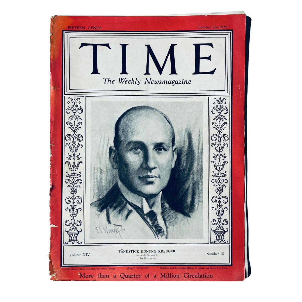 Time Magazine cover from October 28, 1929, featuring Ivar Kreuger, the 'Match King,' known for his financial empire, with a vintage design and notable wear.