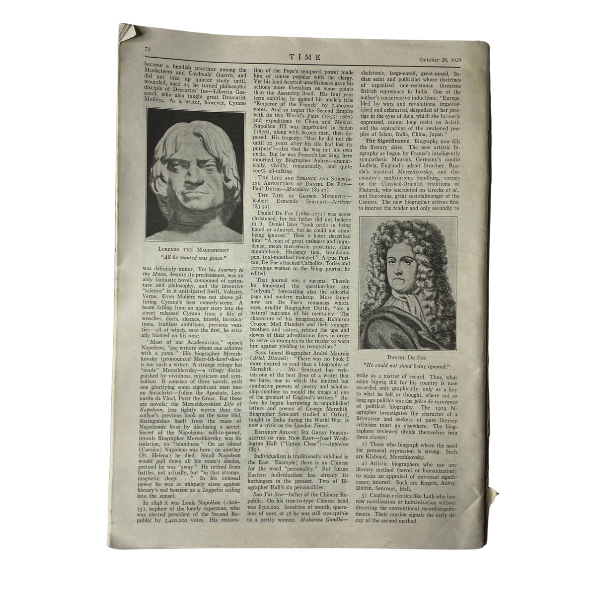 Interior page 72 of Time Magazine dated October 28, 1929, containing articles and illustrations, highlighting historical figures, within the context of the magazine featuring Ivar Kreuger.