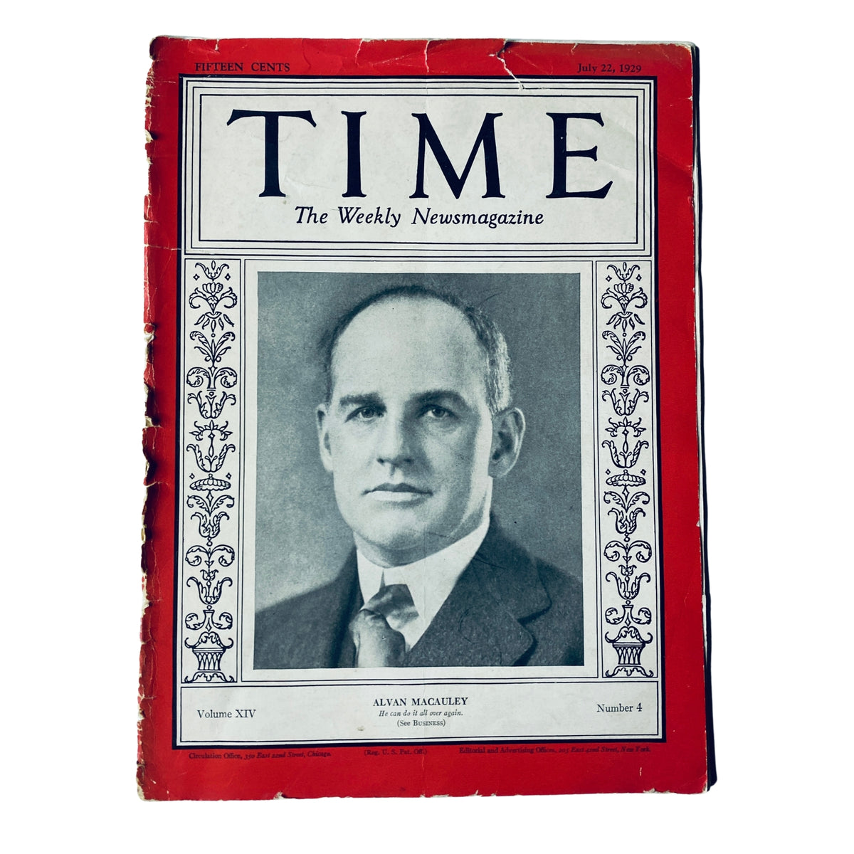 Cover of Time Magazine dated July 22, 1929 featuring Alvan Macauley, President of Packard Motor Car Company; missing back cover with notable creases and marks.