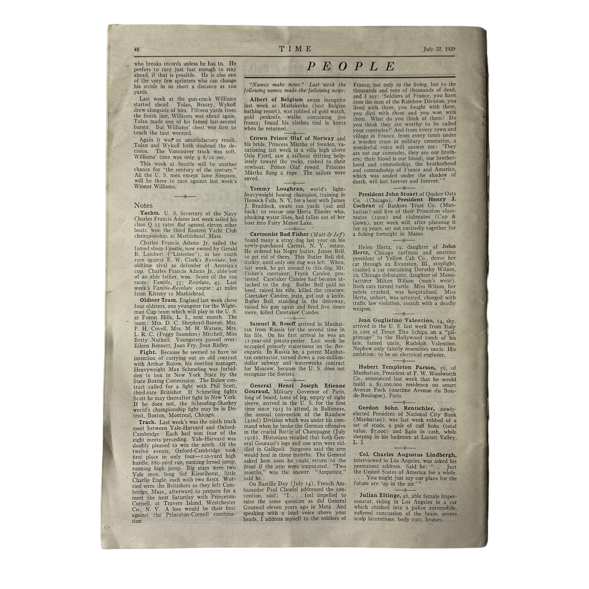 Page from Time Magazine dated July 22, 1929, featuring content related to notable figures and events, associated with Alvan Macauley. The magazine is in good condition, missing the back cover.