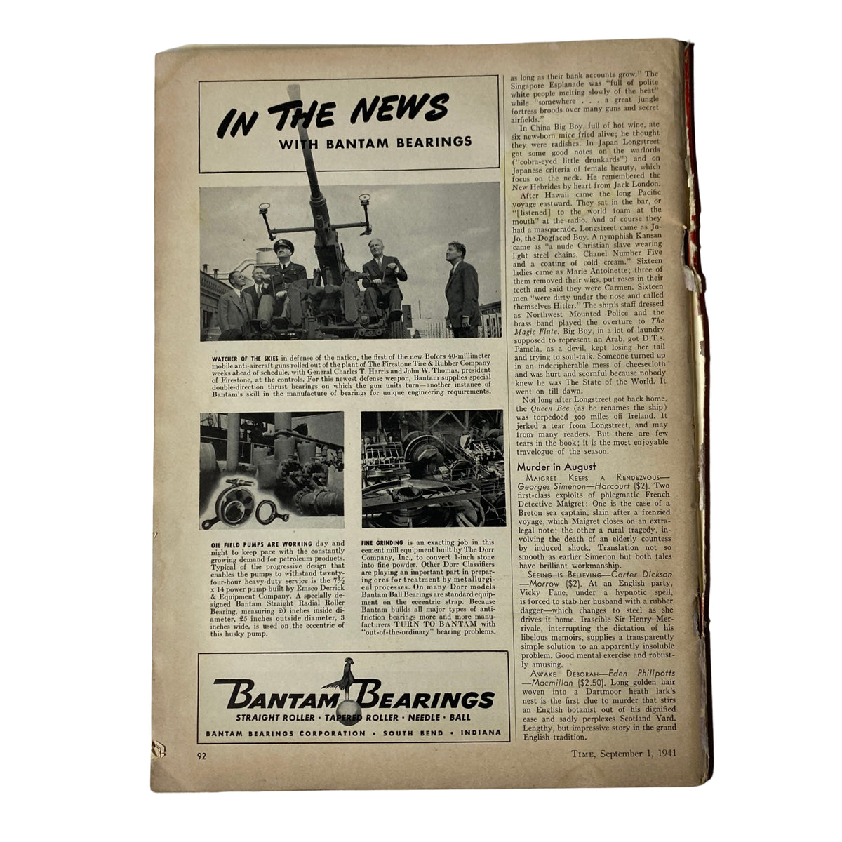 Interior page from Time Magazine September 1, 1941, featuring an article titled 'In the News with Bantam Bearings', showcasing various military and engineering developments relevant to the time.