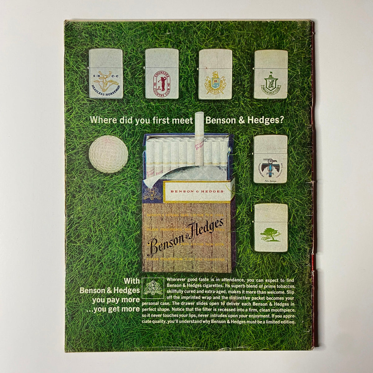 Back cover of Time Magazine April 26, 1963, Vol 81 No. 17, featuring a vintage advertisement for Benson & Hedges cigarettes on a grassy background.