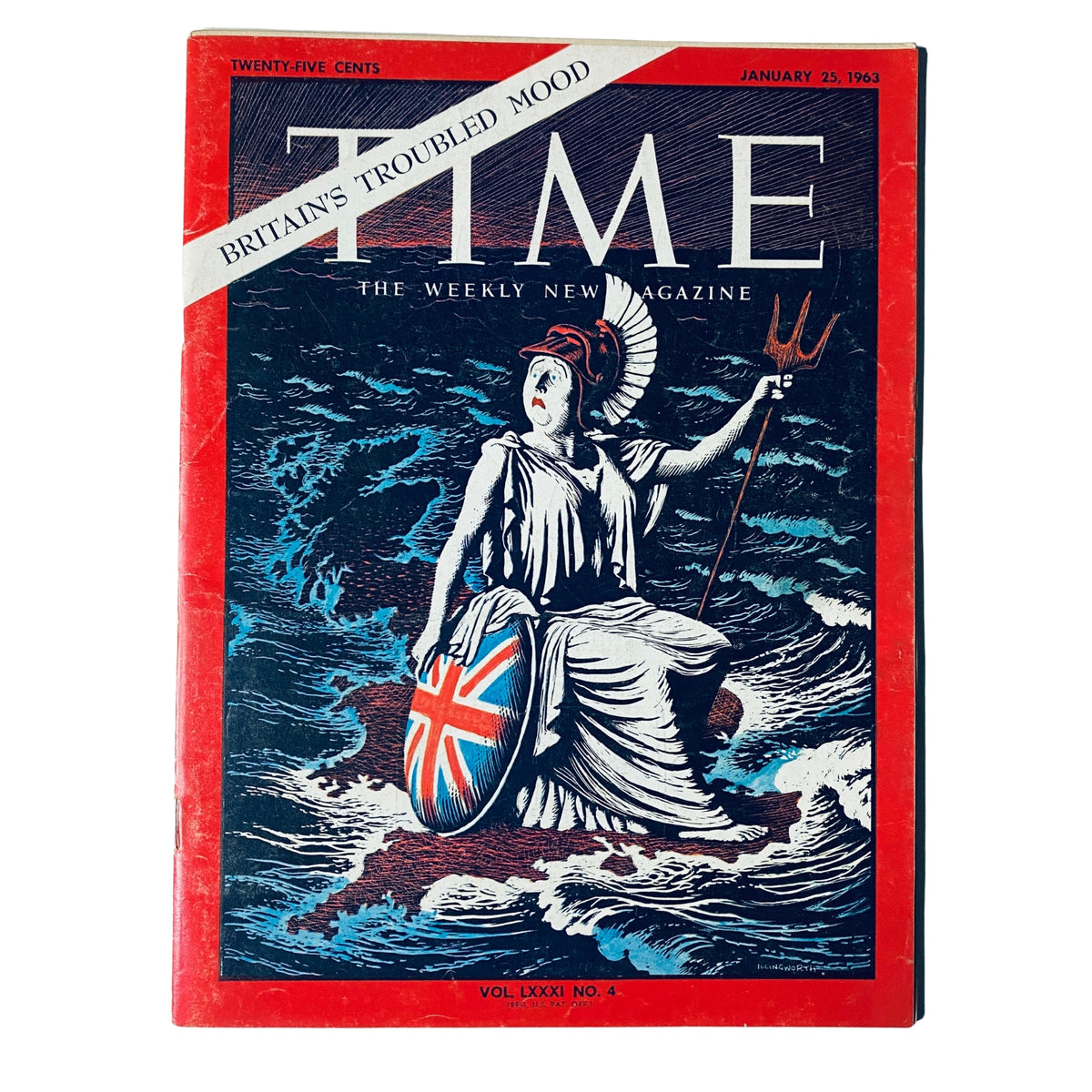 Cover of Time Magazine January 25, 1963, Vol. 81 No. 4 featuring an illustration of a woman representing Britain in turbulent waters, holding a shield with the Union Jack, reflecting Britain's troubled mood during a time of political and social change.