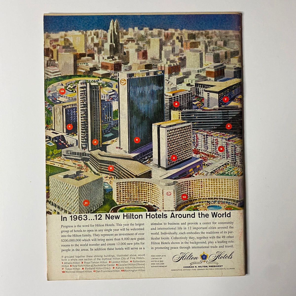 Vintage advertisement showcasing Hilton Hotels from the January 25, 1963 issue of Time Magazine. The ad highlights 12 new Hilton Hotels opening worldwide, illustrating the architectural designs and promoting the progress and expansion of Hilton in the hotel industry.