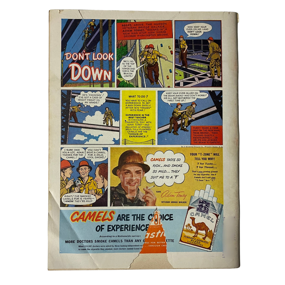 Back cover of Time Magazine November 22, 1948 Vol 52 No. 21, featuring a colorful comic-style advertisement highlighting safety measures for construction workers and promoting Camel cigarettes.