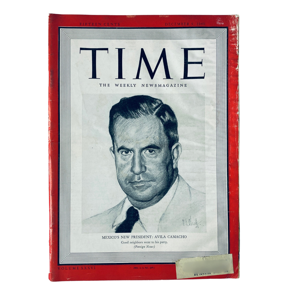 Cover of Time Magazine December 9, 1940 Vol 36 No. 24 featuring Manuel Ávila Camacho, the President-elect of Mexico, with a portrait illustration and the headline 'Mexico's New President: Avila Camacho'.