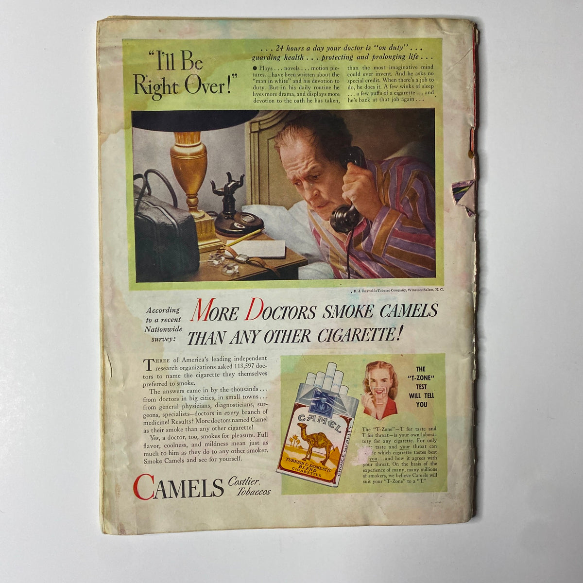 Back cover of Time Magazine from May 27, 1946, Vol 47 No. 21, featuring a vintage advertisement for Camel cigarettes with a doctor on the phone, promoting their smoking preference among medical professionals.