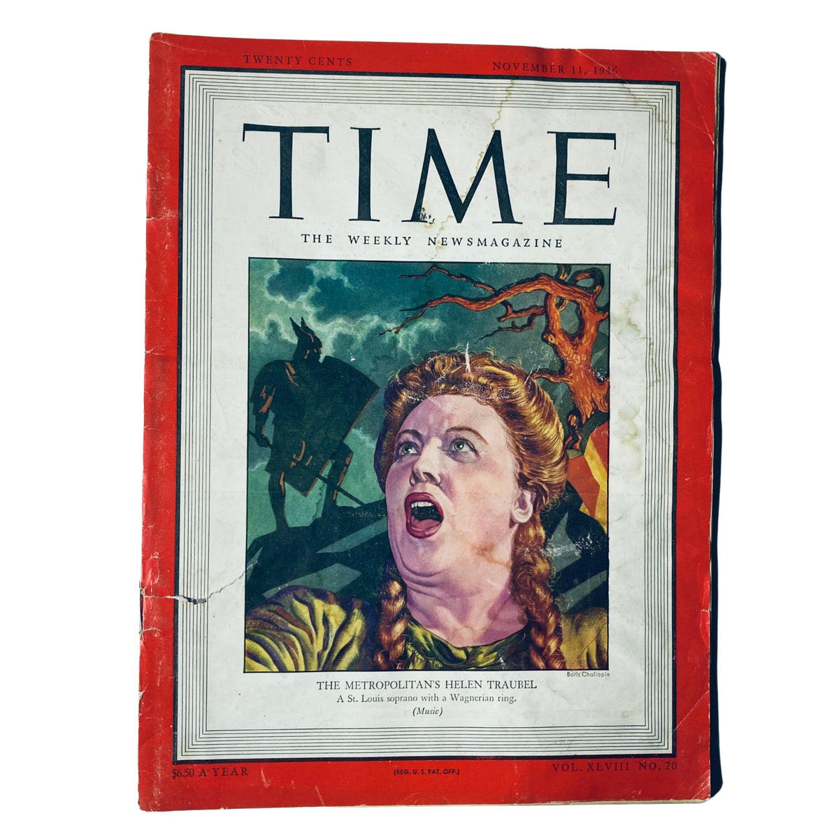 Time Magazine cover from November 11, 1946, Vol. 48 No. 20 featuring soprano Helen Traubel, depicted with dramatic artwork showcasing her powerful expression and Wagnerian themes.