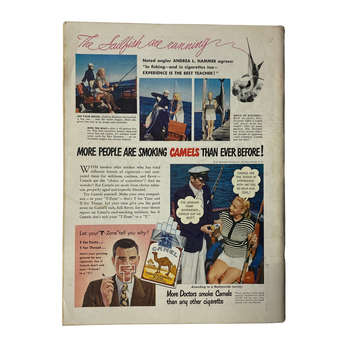 Inside back cover of Time Magazine September 13, 1948, Vol 52 No 11 featuring an advertisement for Camel cigarettes, showcasing various scenes of fishing and promoting the brand's appeal.