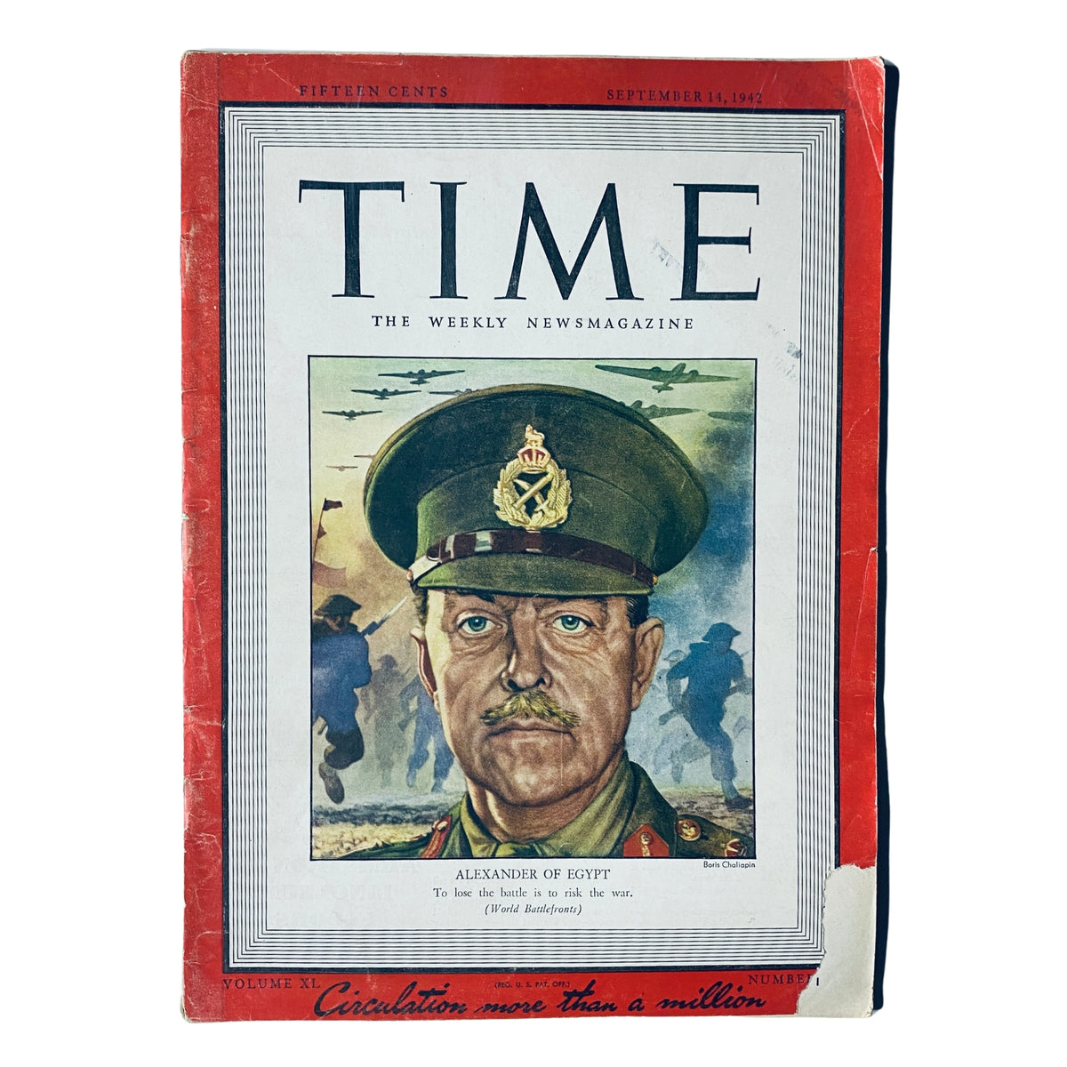 Time Magazine September 14, 1942 Vol 50 No. 11 featuring British General Harold Alexander on the cover, showcasing historical artwork and wartime themes.