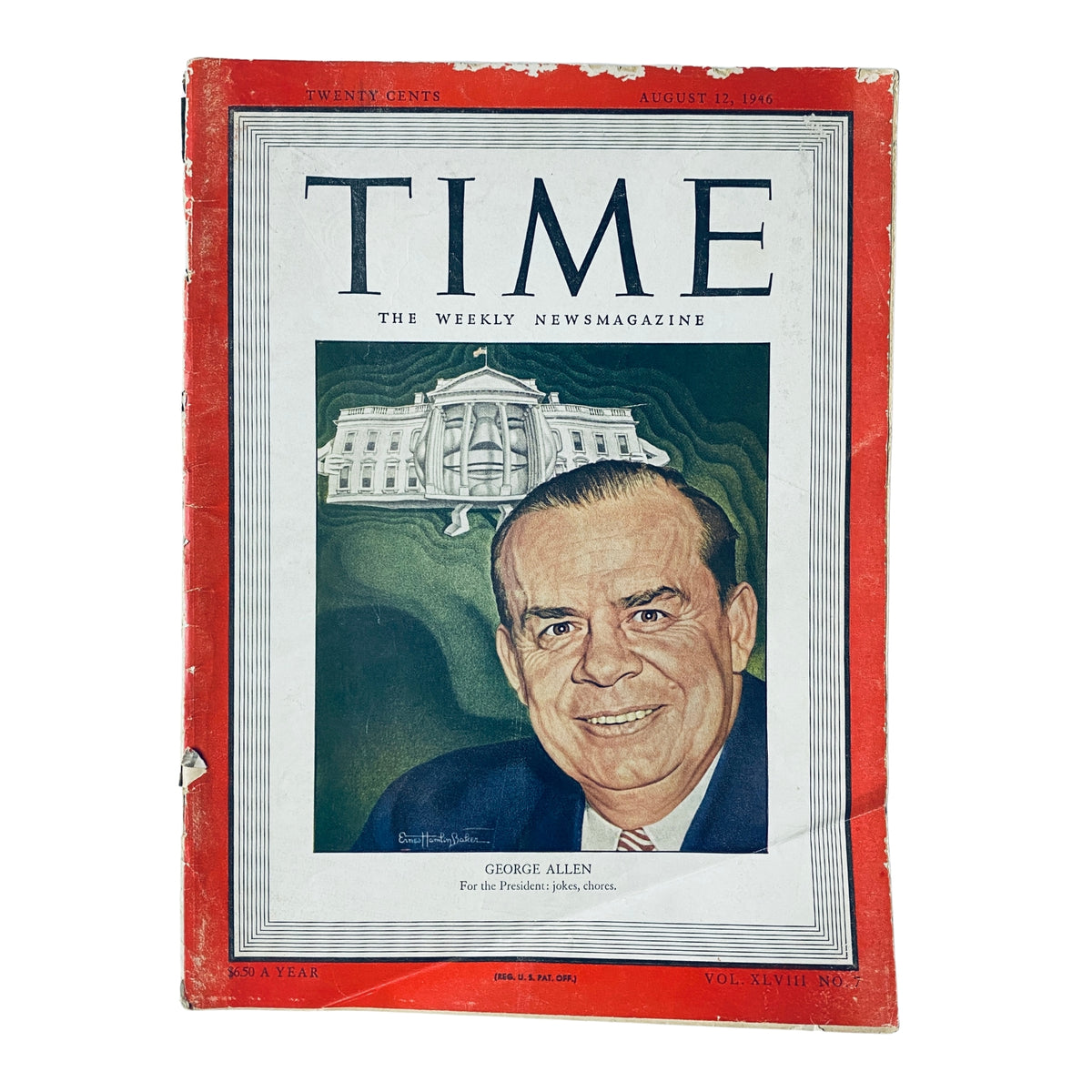 Time Magazine August 12, 1946 featuring George E. Allen on the cover, portraying him in front of the White House. Volume 48, No. 7, showcasing historical significance.