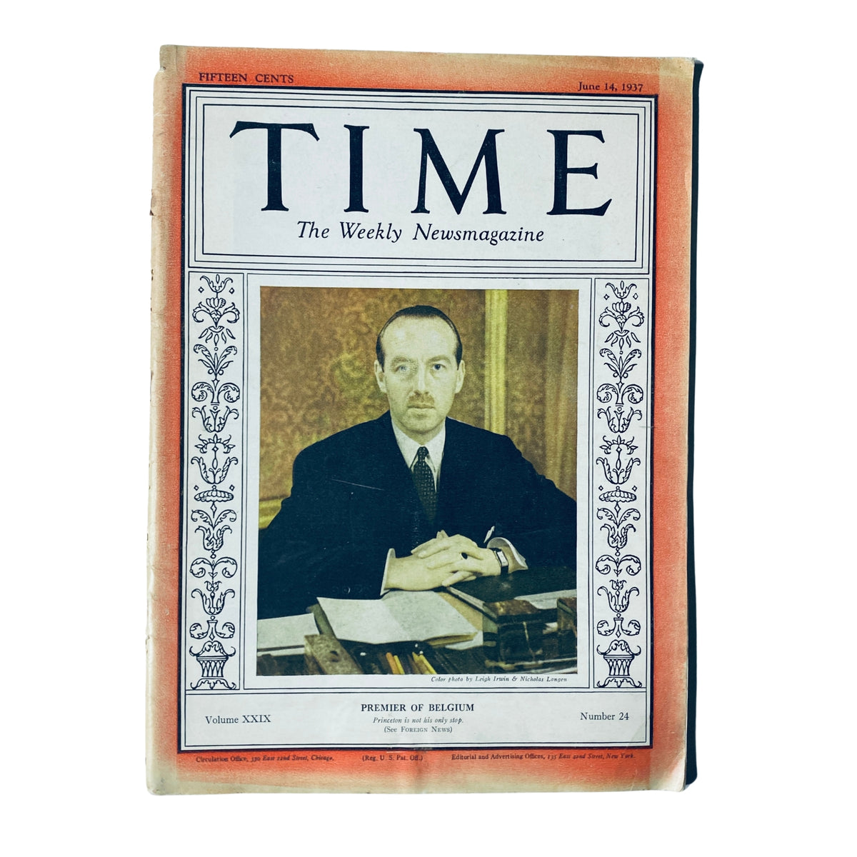 Time Magazine cover from June 14, 1937, Volume 29, Number 24 featuring Paul van Zeeland, the Premier of Belgium, with a formal portrait and classic magazine design.