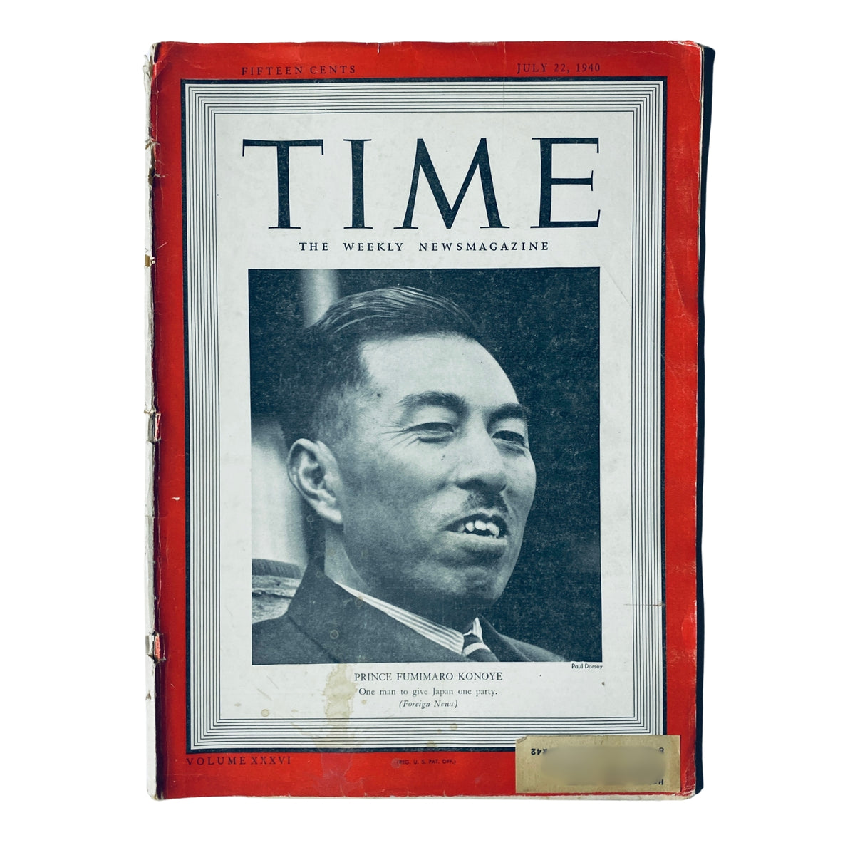 Cover of Time Magazine from July 22, 1940, Vol. 36 No. 4 featuring Prince Fumimaro Konoye, highlighting his role in Japan's political landscape before World War II.