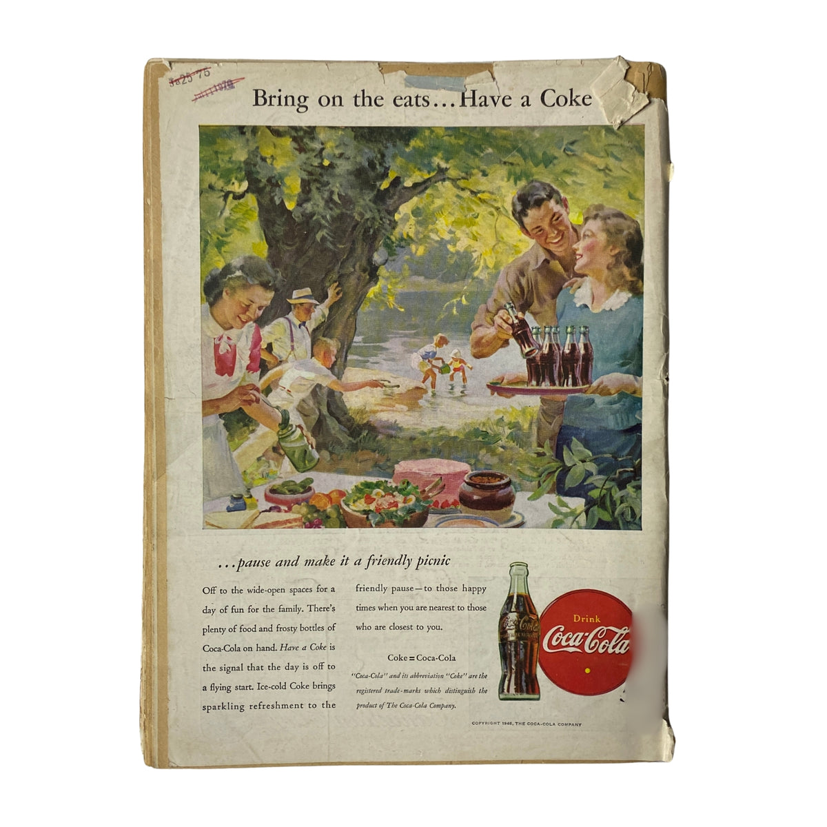 Time Magazine June 3, 1946 Vol 47 No. 22 cover featuring a picnic scene with people enjoying food and drinks, with the slogan 'Bring on the eats...Have a Coke' prominently displayed.