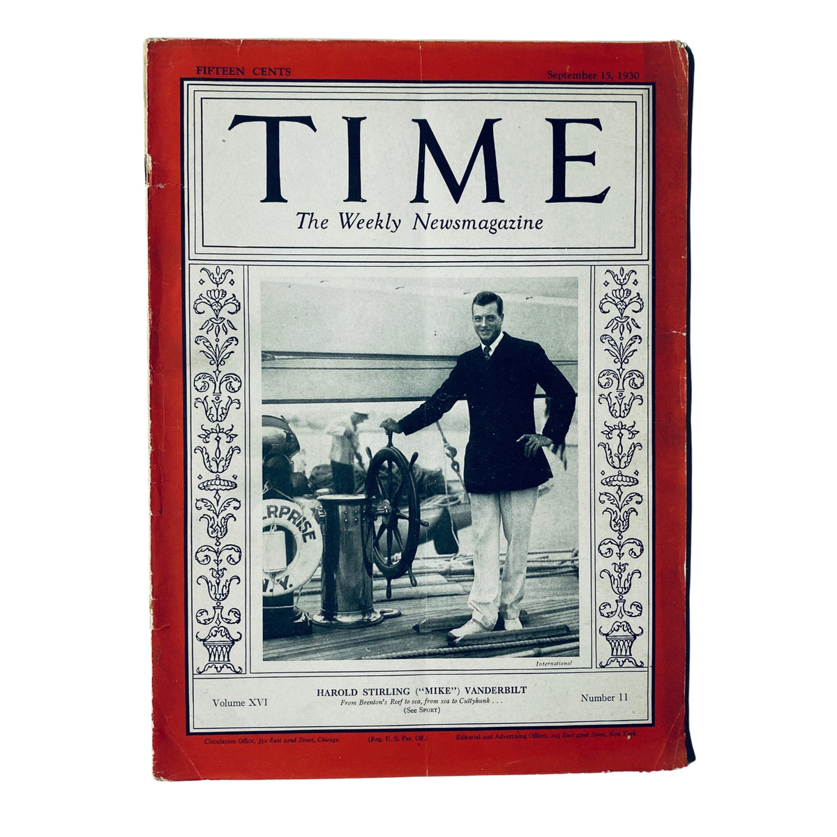 Time Magazine September 15, 1930 featuring Harold Stirling Vanderbilt on the cover, highlighting his achievements as a yachtsman and railroad executive.