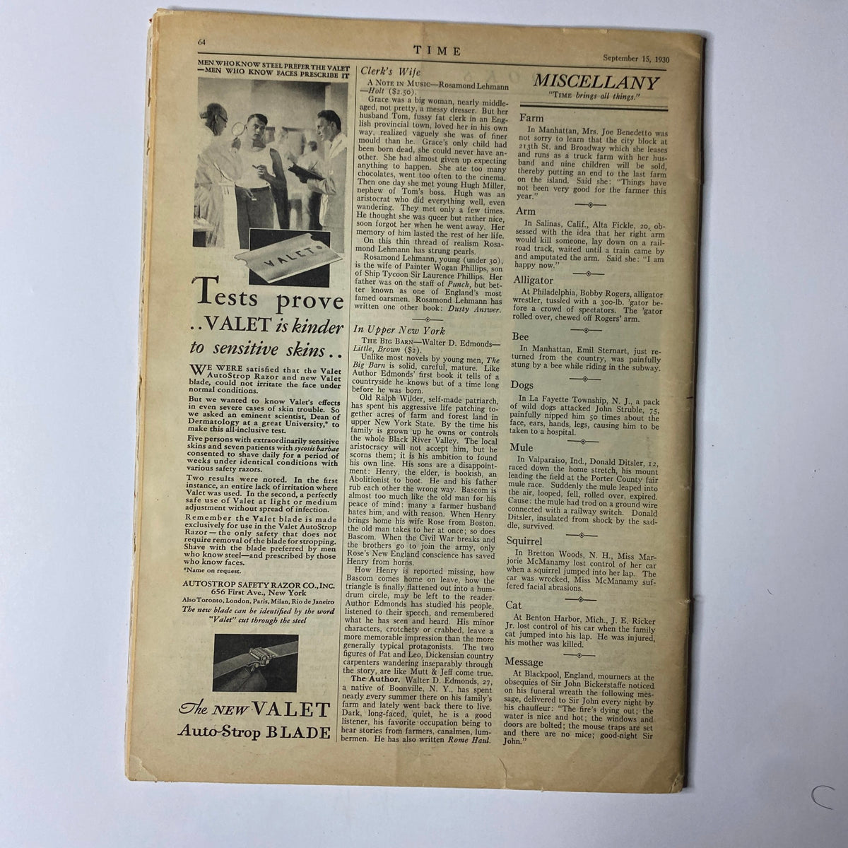 Interior page from Time Magazine September 15, 1930, showcasing advertisements and articles from that time, with a focus on products and societal notes.