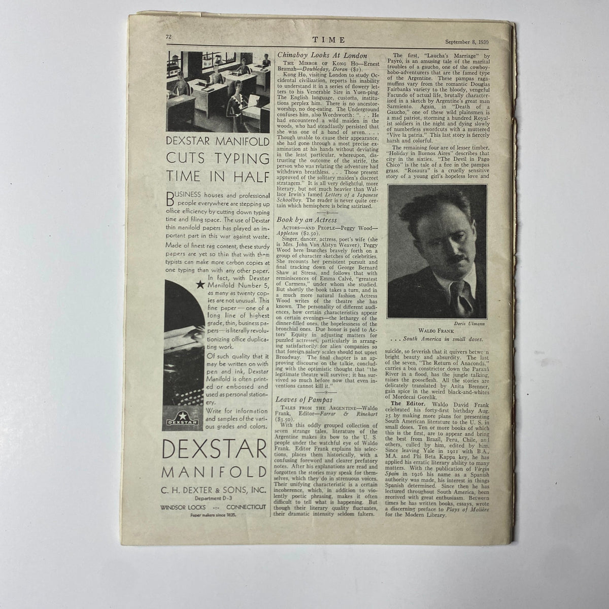 Interior page of Time Magazine dated September 8, 1930, featuring an article about business efficiency and the Dexstar Manifold, along with a portrait photo of writer Waldo Frank, associated with the edition titled 'Time Magazine September 8, 1930 Augusto B. Leguía Missing Back Cover'.