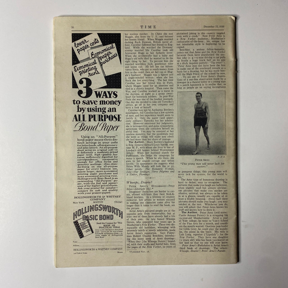 Interior page of Time Magazine December 15, 1930 Vol 16 No 24, displaying advertisements and text related to saving money using all-purpose bond paper.