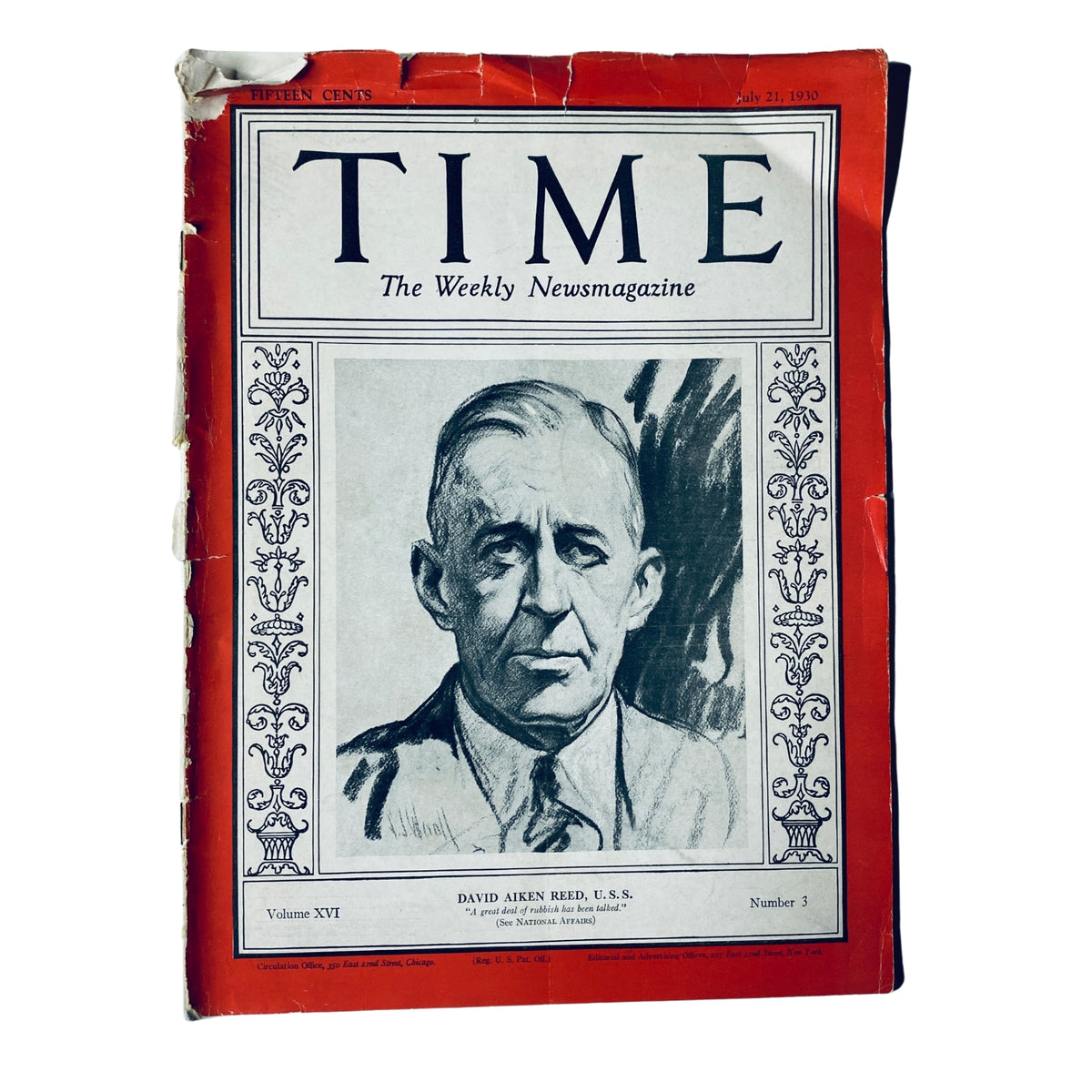 Cover of Time Magazine July 21, 1930, Vol. 16 No. 3 featuring U.S. Senator David Aiken Reed, with missing back cover and visible wear.