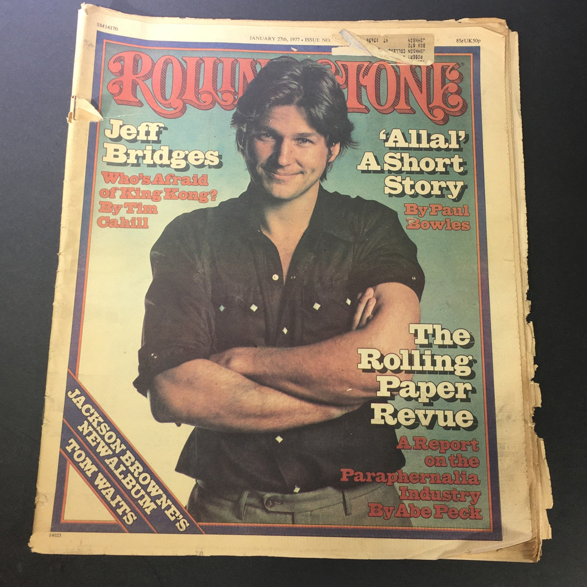 Cover of Rolling Stone Magazine dated January 27, 1977 featuring Jeff Bridges and Jackson Browne, showcasing articles and photographs from the 1970s music scene.