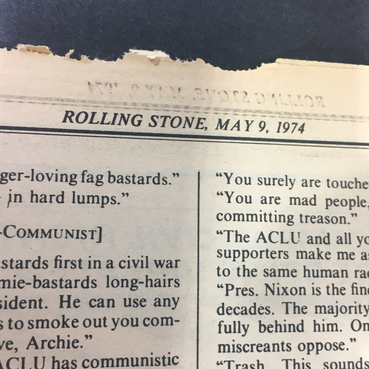 Close-up view of the Rolling Stone Magazine May 9, 1974, showcasing vintage text and worn edges, reflecting its condition as a collectible item.