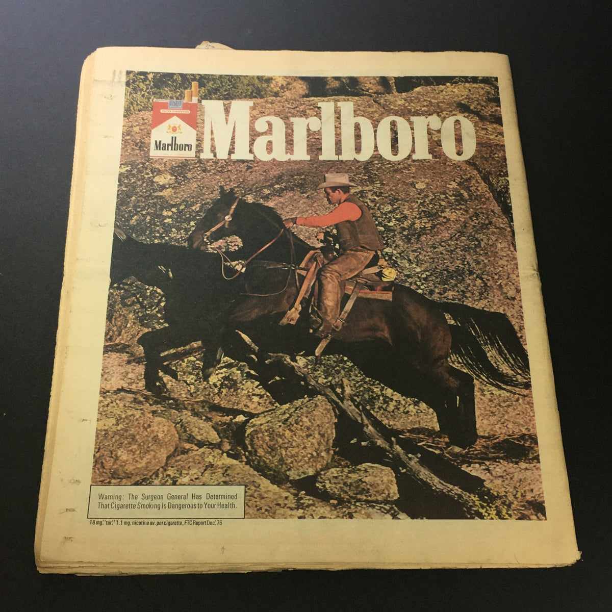 Vintage Marlboro magazine cover featuring a cowboy on horseback against a rugged backdrop. This image complements the existing title: VTG Rolling Stone Magazine June 16 1977 - Robert De Niro / Natalie Cole.