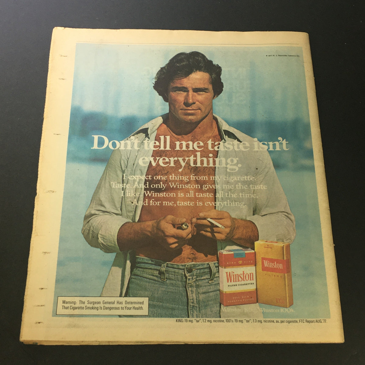 Vintage advertisement from Rolling Stone Magazine, May 4, 1978 featuring a man holding Winston cigarettes with the slogan 'Don't tell me taste isn't everything.' This image relates to the VTG Rolling Stone Magazine issue that includes Muhammad Ali and Dr. Hunter S. Thompson.