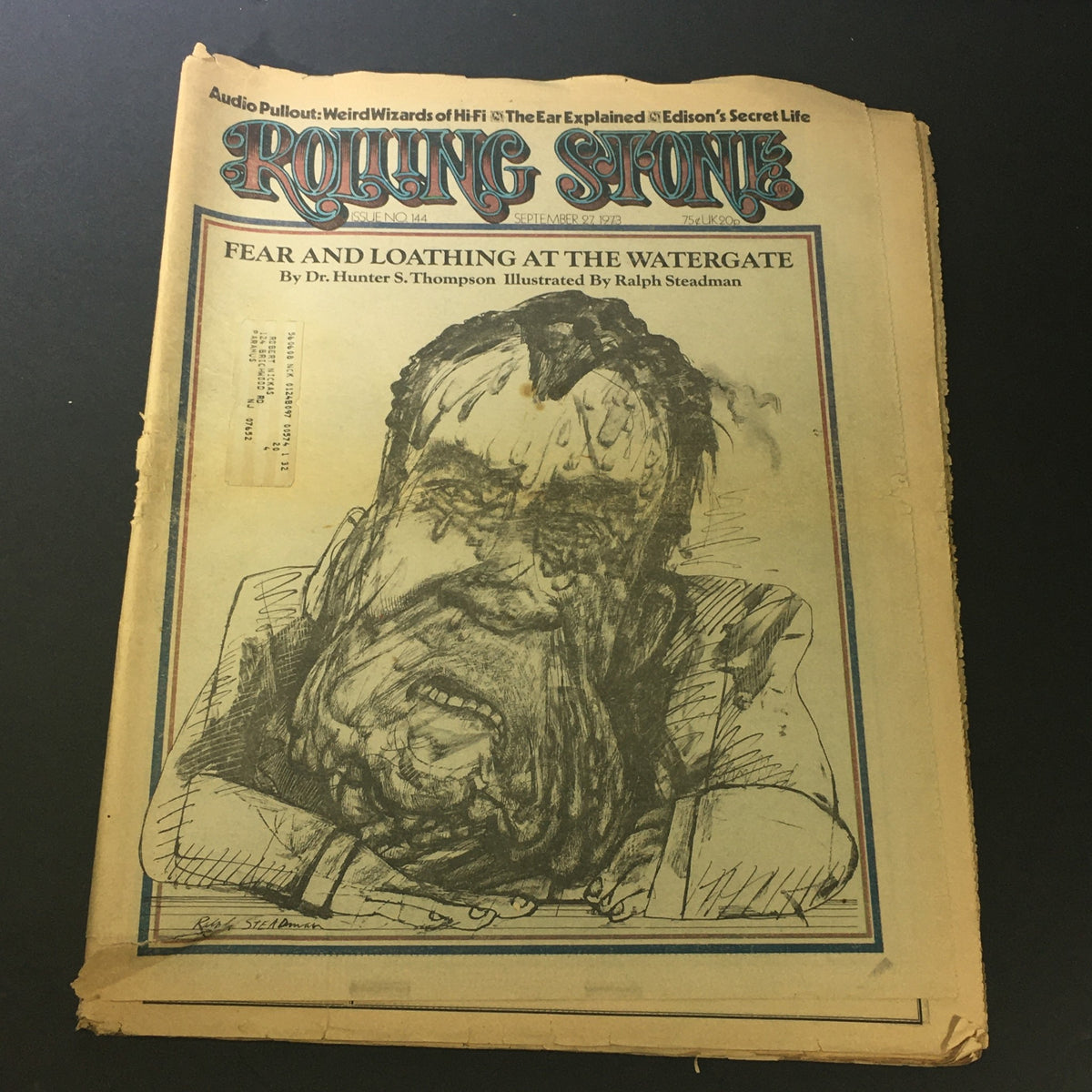 Vintage Rolling Stone Magazine from September 27, 1973 featuring Dr. Hunter S. Thompson's cover illustration with a notable depiction of the Watergate scandal.