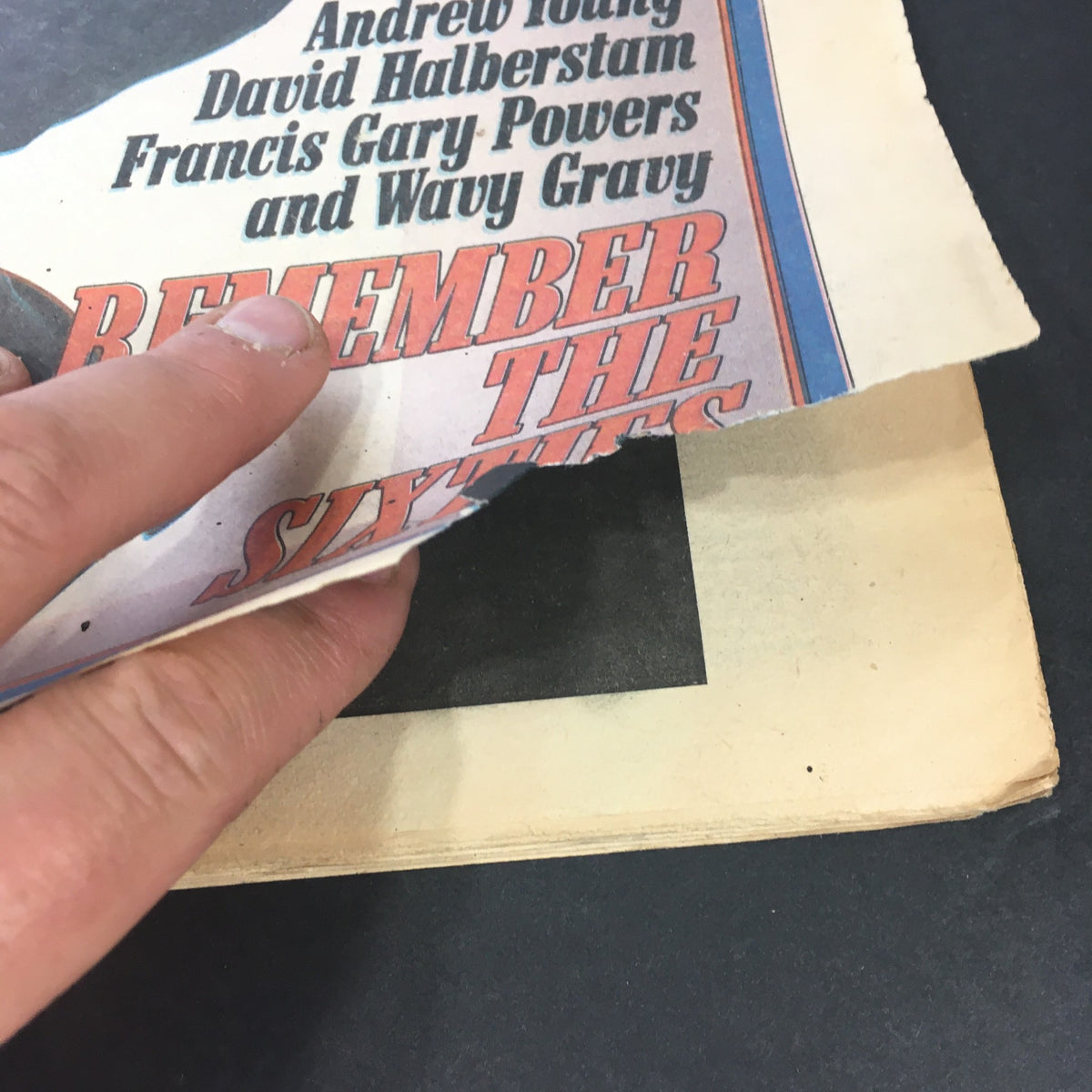Detail of the Rolling Stone Magazine December 1, 1977 showcasing the edge of an article titled 'Remember the Sixties' featuring Andrew Young, David Halberstam, and others.