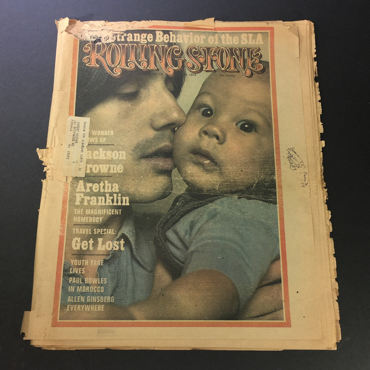 Cover of VTG Rolling Stone Magazine May 23 1974 featuring Jackson Browne and Aretha Franklin with notable wear and marks reflecting its vintage status.
