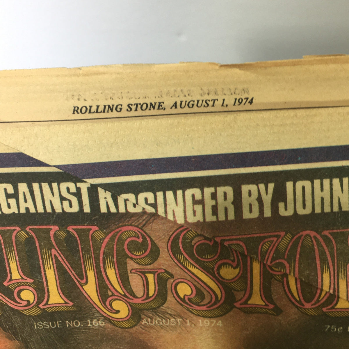 Top view of the Vintage Rolling Stone Magazine August 1, 1974, displaying the issue number and date, alongside the headline about the case against Kissinger.