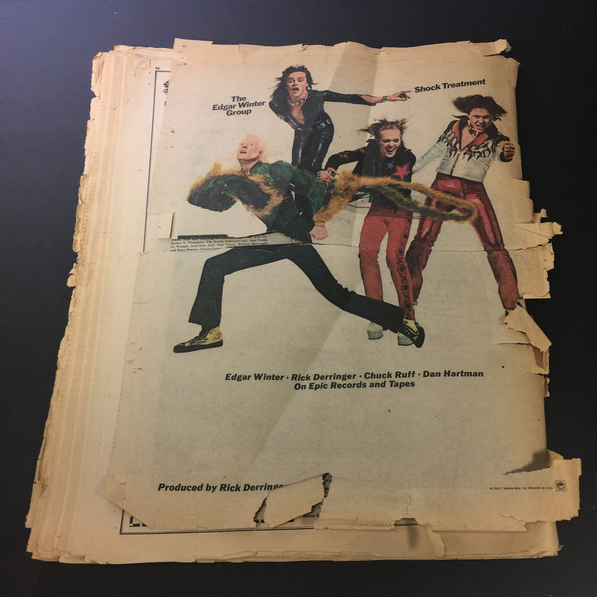Back cover of the Rolling Stone magazine July 4 1974 featuring Jane Fonda, displaying aged paper with rips and a colorful advertisement from the Edgar Winter Group.