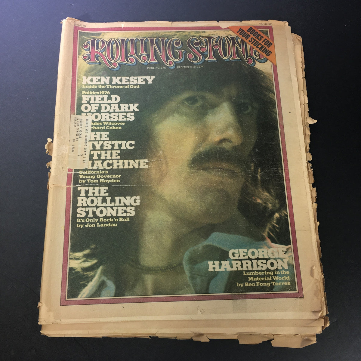 Cover of VTG Rolling Stone Magazine December 19 1974 featuring George Harrison and Ken Kesey with worn edges and address label.
