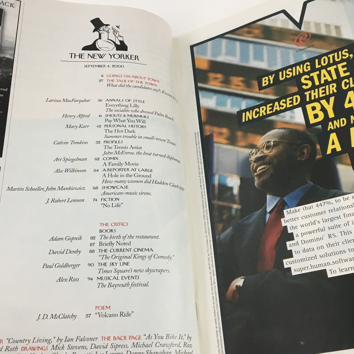Inside view of The New Yorker September 4 2000 magazine featuring table of contents and articles, highlighting the cultural commentary of the early 2000s. Full magazine theme cover art by Ian Falconer.