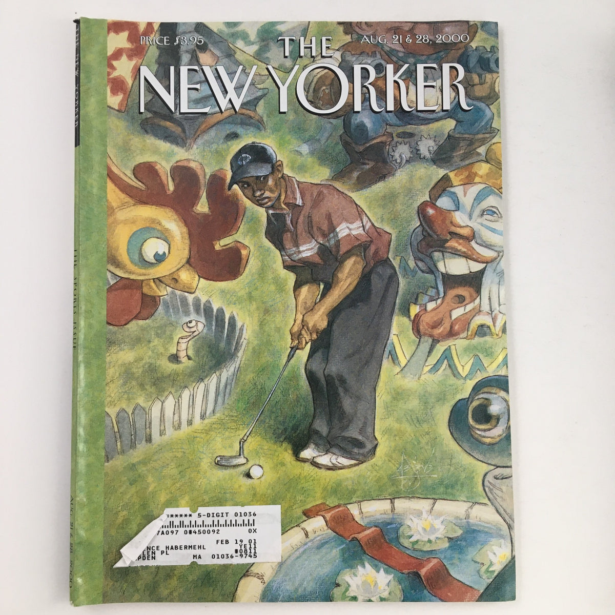 The New Yorker August 21, 2000 cover featuring whimsical artwork by Peter de Sève, showcasing a golfer in a colorful, surreal setting.