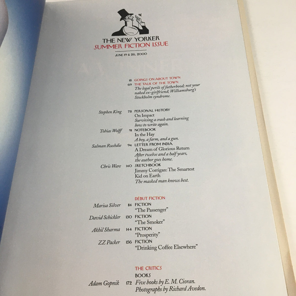 Interior page of The New Yorker June 19 2000 Summer Fiction issue, listing contents and featuring literary contributions from notable authors.