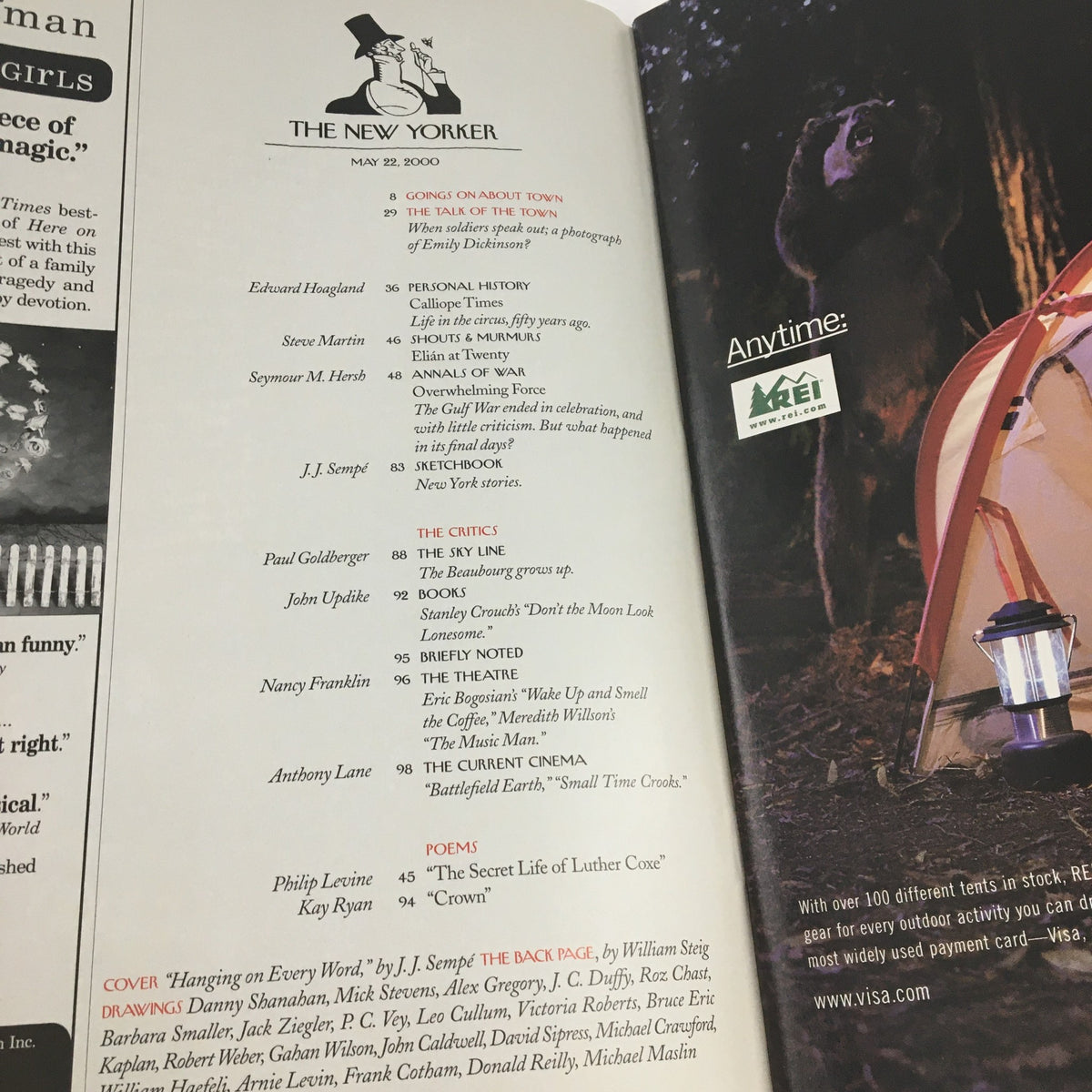 Interior page from The New Yorker magazine dated May 22, 2000, showcasing the table of contents alongside articles, a collectible item for vintage magazine enthusiasts.