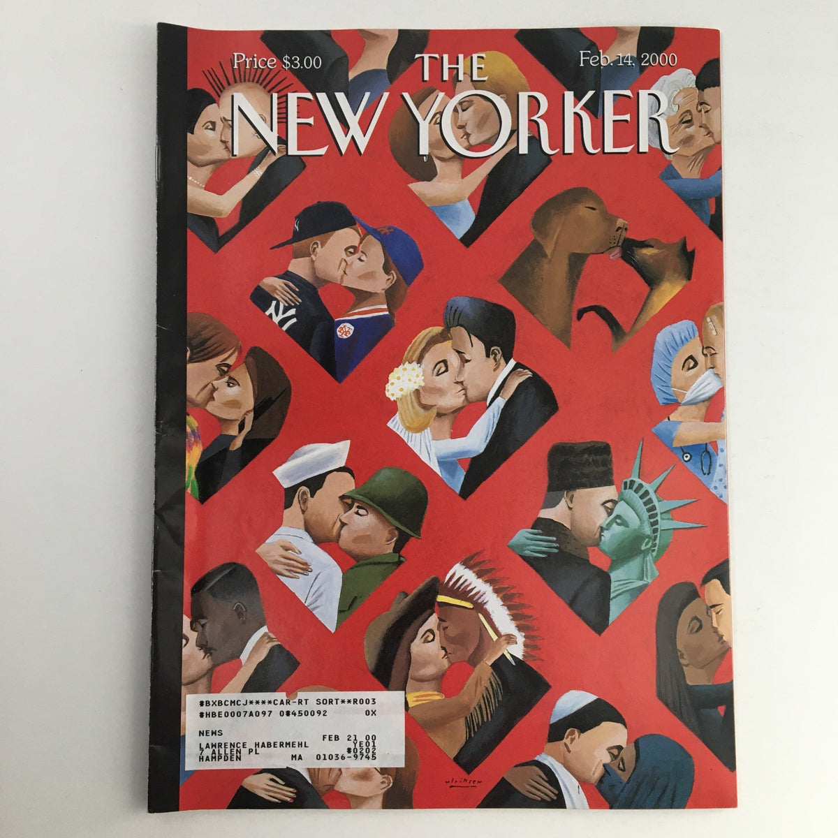 The New Yorker February 14 2000 Full Magazine Cover Art by Mark Ulriksen featuring various illustrated couples kissing in heart shapes, showcasing diverse cultures and backgrounds.