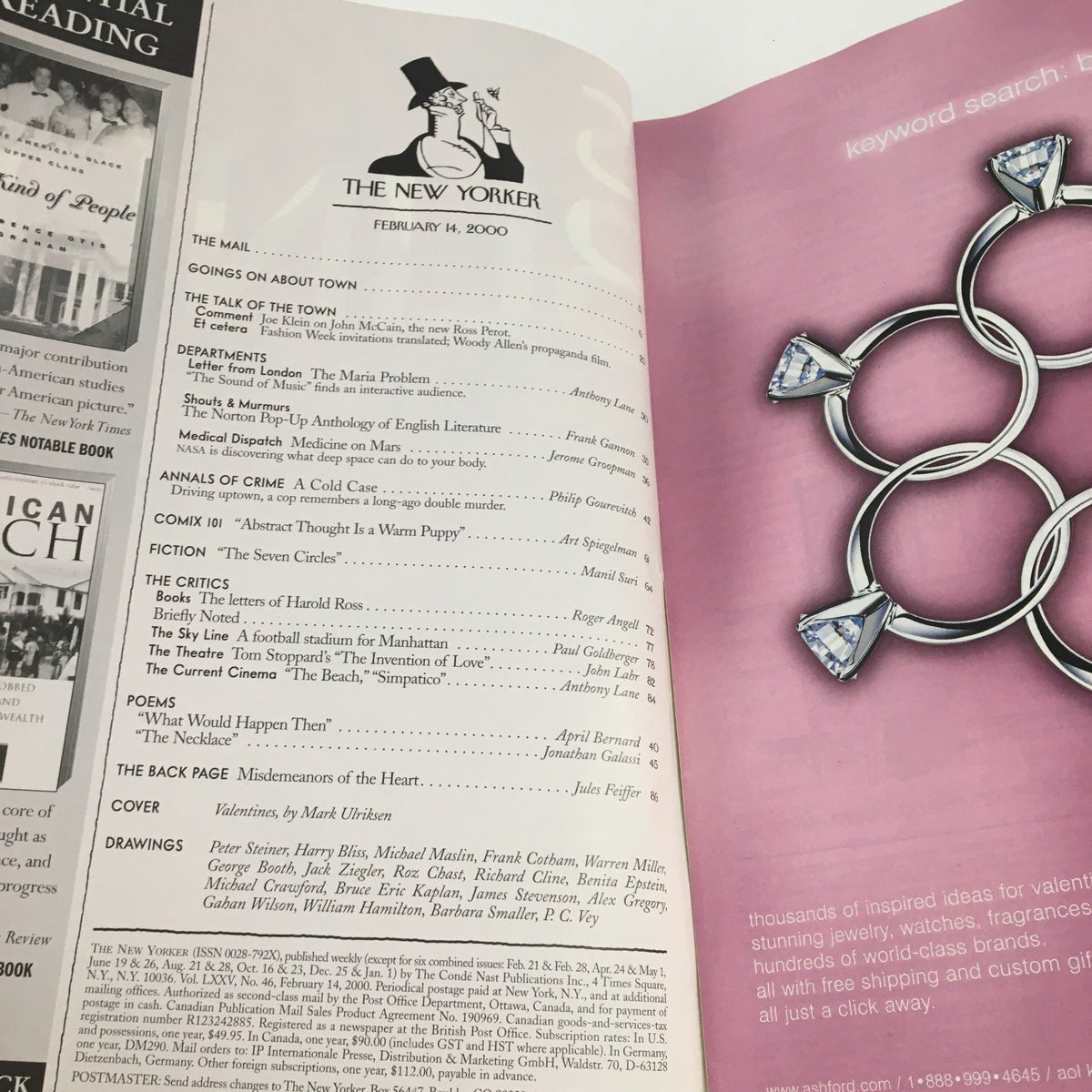 Interior page of The New Yorker February 14 2000 magazine featuring the table of contents and a unique advertisement by Mark Ulriksen, highlighting the magazine's classic design and layout.