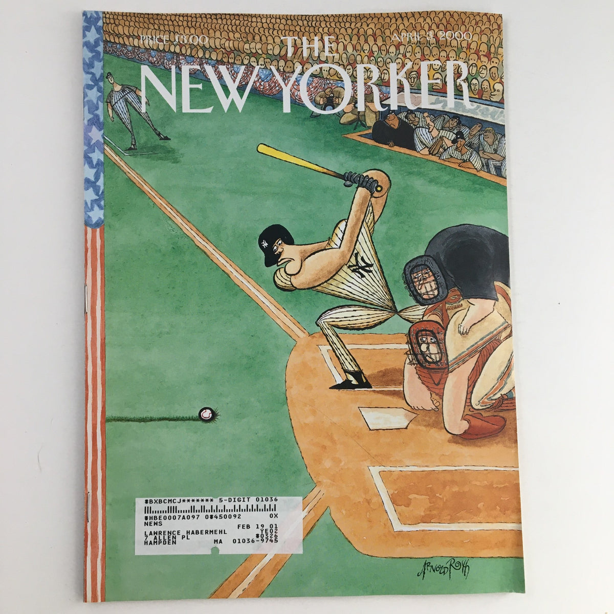 Cover of The New Yorker April 3 2000 featuring unique artwork by Arnold Roth, depicting a baseball scene with players and a bat.